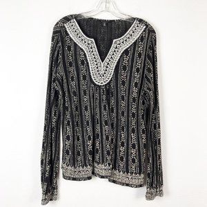 Lucky Brand Boho Casual  Black White Blouse Top